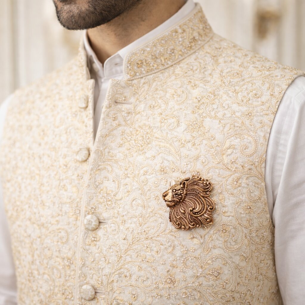 Antique gold lion head brooch featuring intricate ornamental detailing and flowing mane-inspired patterns, ideal for weddings and formal occasions.