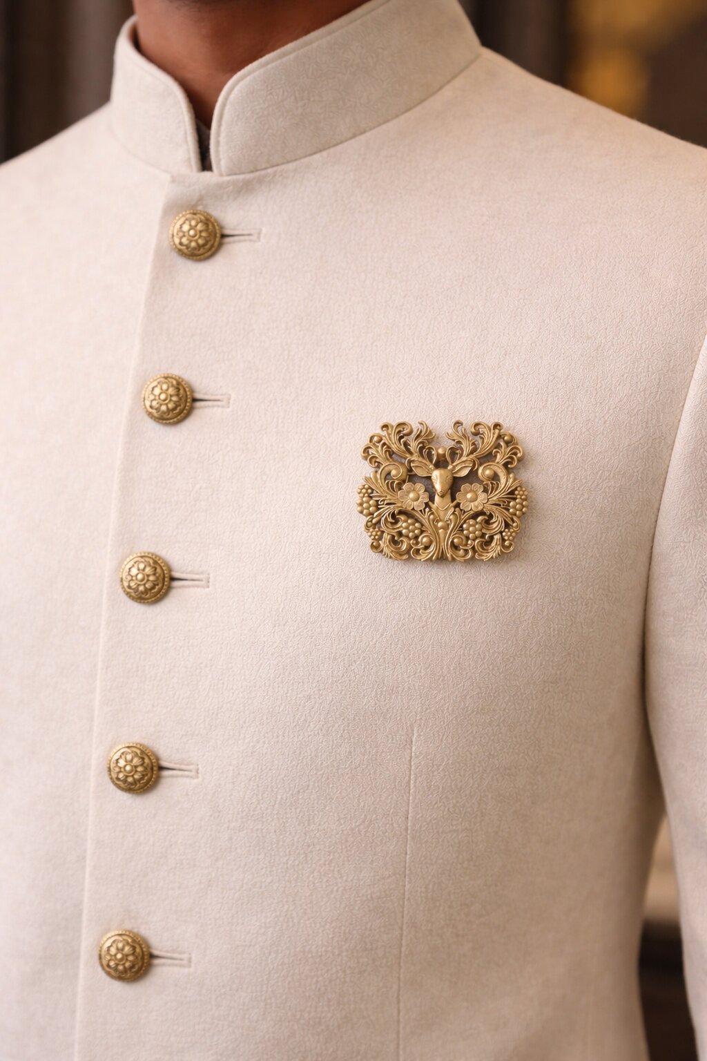 Antique gold deer brooch featuring intricate floral scrollwork, flower motifs, and elegant ornamental detailing, ideal for weddings and festive wear.