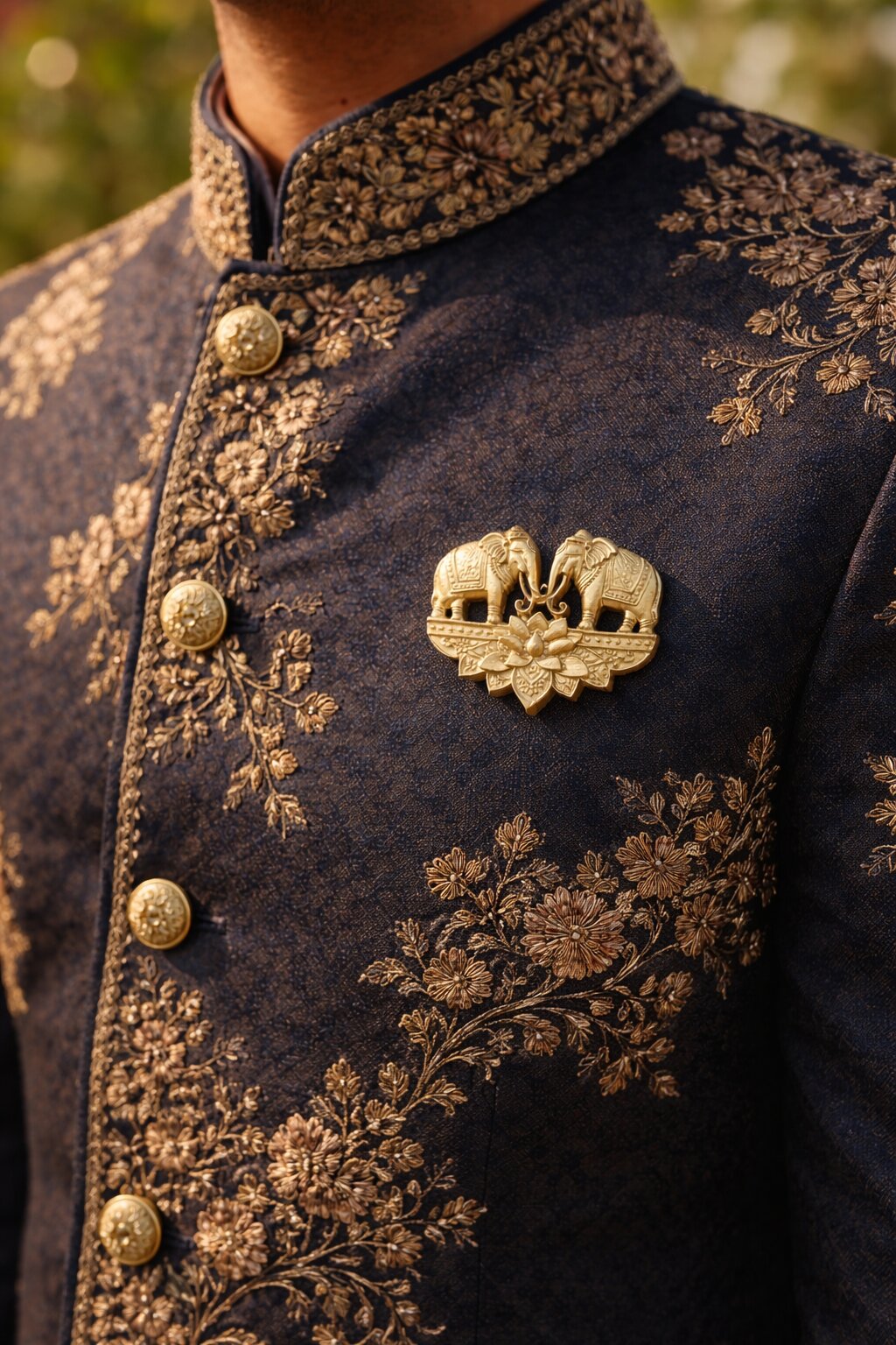 Gold-tone twin elephant brooch featuring two facing elephants with a lotus flower centerpiece and intricate traditional detailing, perfect for weddings and festive wear.