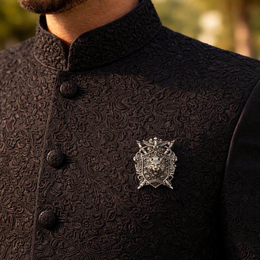 Silver-tone lion crest shield brooch featuring a crowned lion emblem, crossed swords, and intricate royal detailing, perfect for wedding and formal wear.