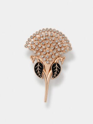 Rose gold floral brooch featuring sparkling crystal stones and elegant black leaf accents, ideal for formal and festive wear.