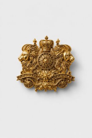 Gold-tone royal lion crest brooch featuring twin lions, a crown emblem, and intricate ornamental detailing, ideal for wedding and ceremonial wear.