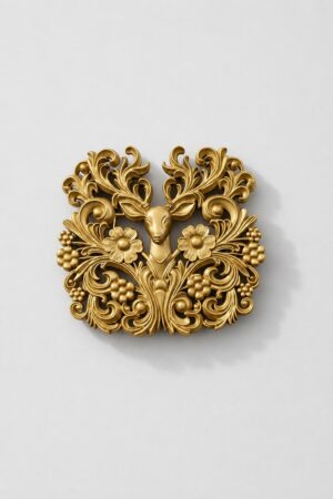 Antique gold deer brooch featuring intricate floral scrollwork, flower motifs, and elegant ornamental detailing, ideal for weddings and festive wear.