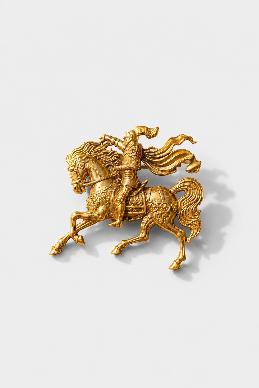 Gold-tone knight on horseback brooch featuring intricate detailing and a royal warrior design, ideal for weddings and formal occasions.