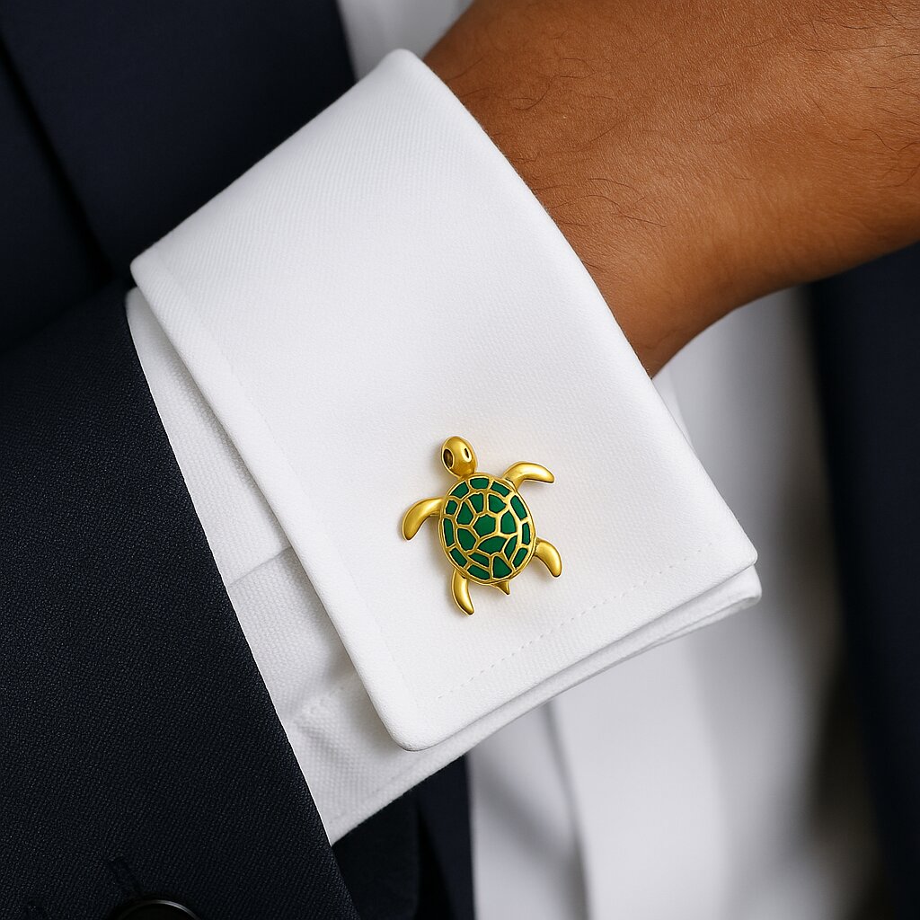 Gold turtle cufflinks with green enamel shell detailing for men's formal shirts.