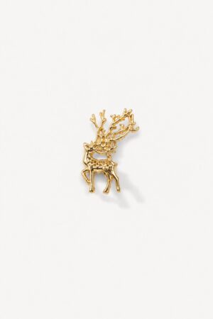 Gold-tone deer brooch with detailed antlers and elegant metallic finish.