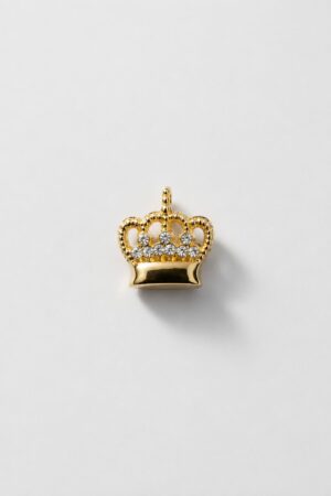 Gold crown brooch with crystal embellishments and polished premium finish.