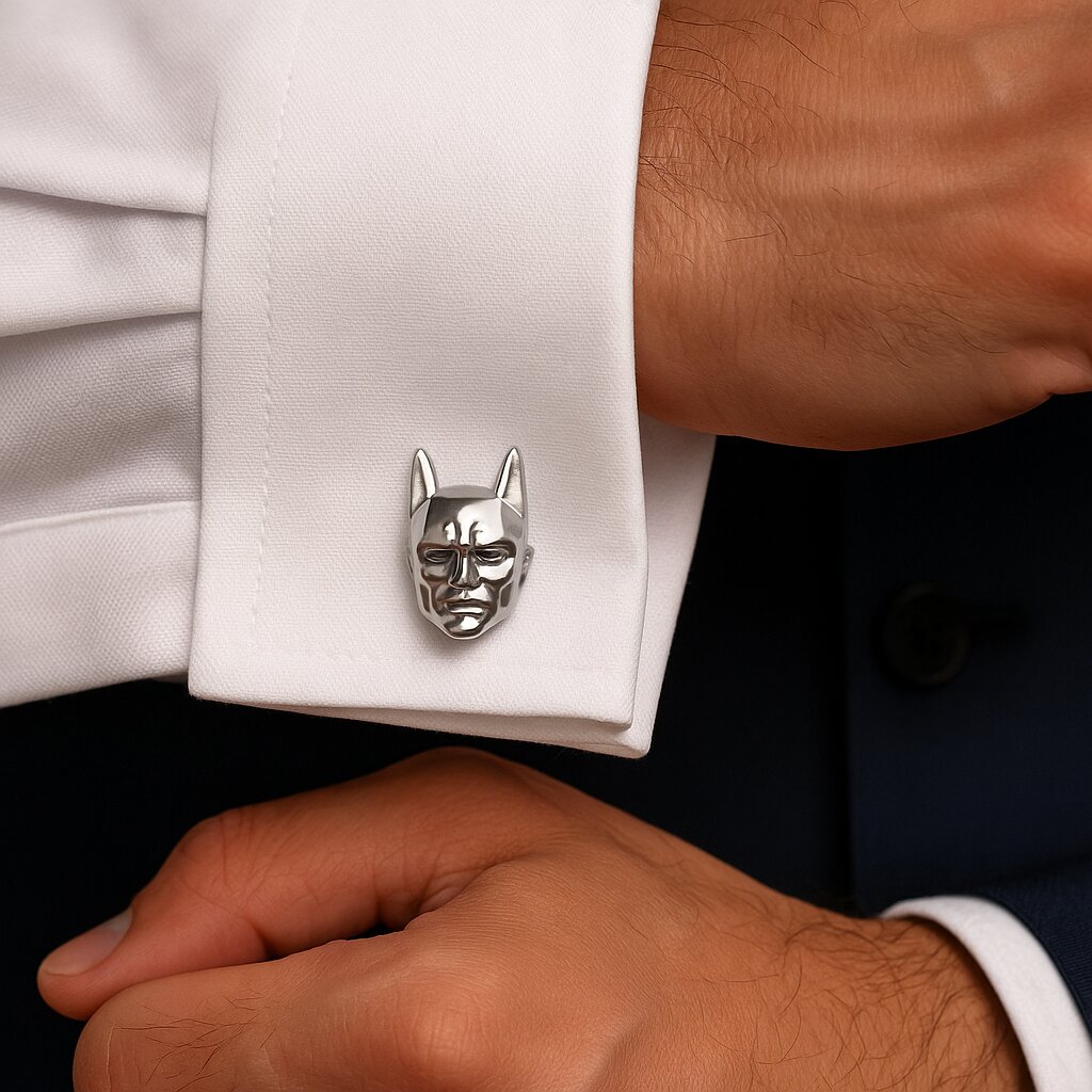 Silver superhero mask cufflinks with polished metallic finish for men's formal attire.