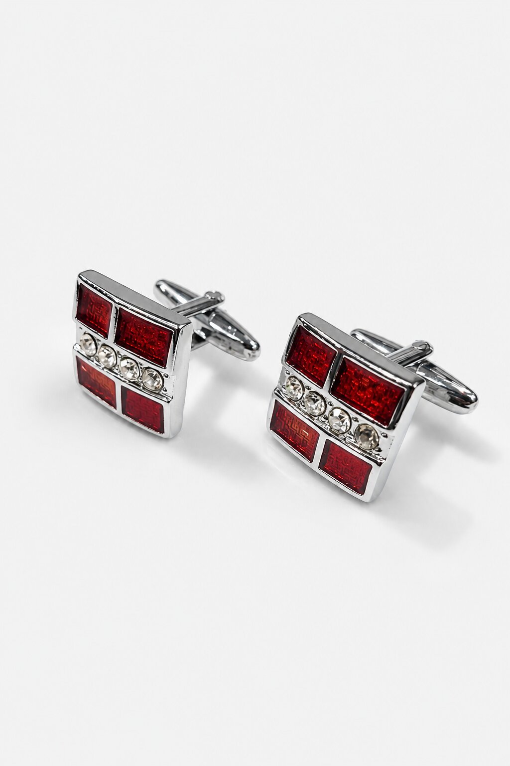 Silver square cufflinks with red enamel geometric design and crystal accents for men's formal shirts.