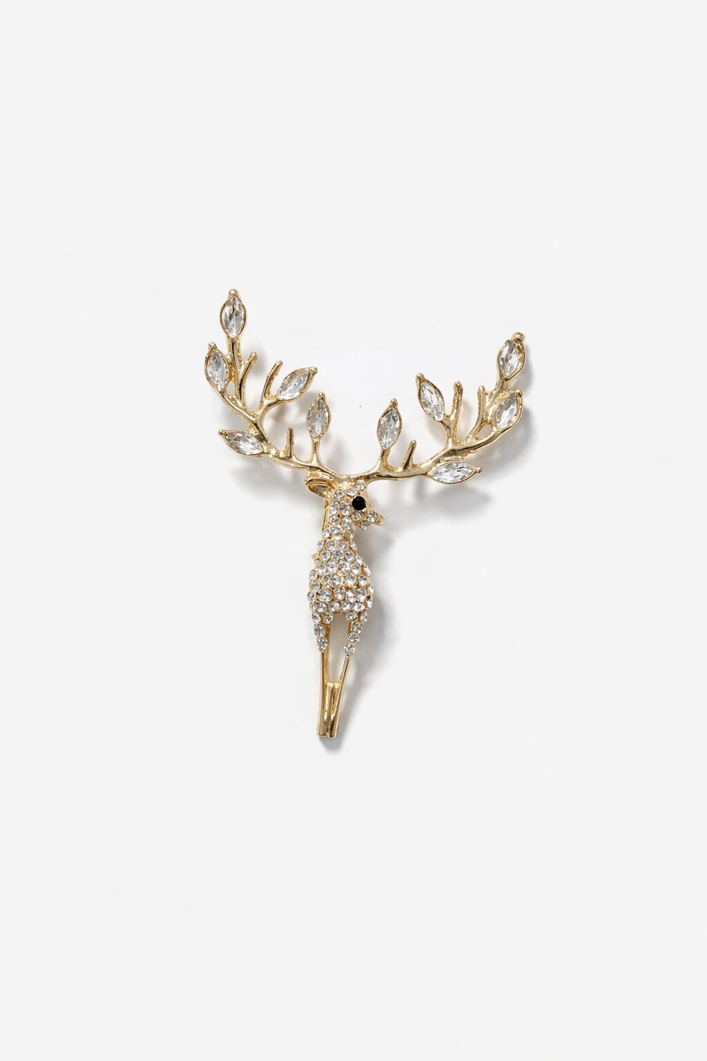 Gold-tone stag brooch embellished with clear crystals and crystal-accented antlers in an elegant luxury design.
