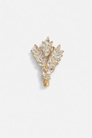 Gold-tone wheat sheaf brooch adorned with sparkling marquise-cut clear crystals in an elegant botanical design.