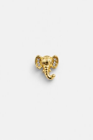 Gold-tone elephant head brooch with crystal embellishments and polished metallic finish.