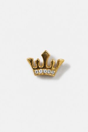Gold crown brooch with crystal embellishments and polished premium finish.