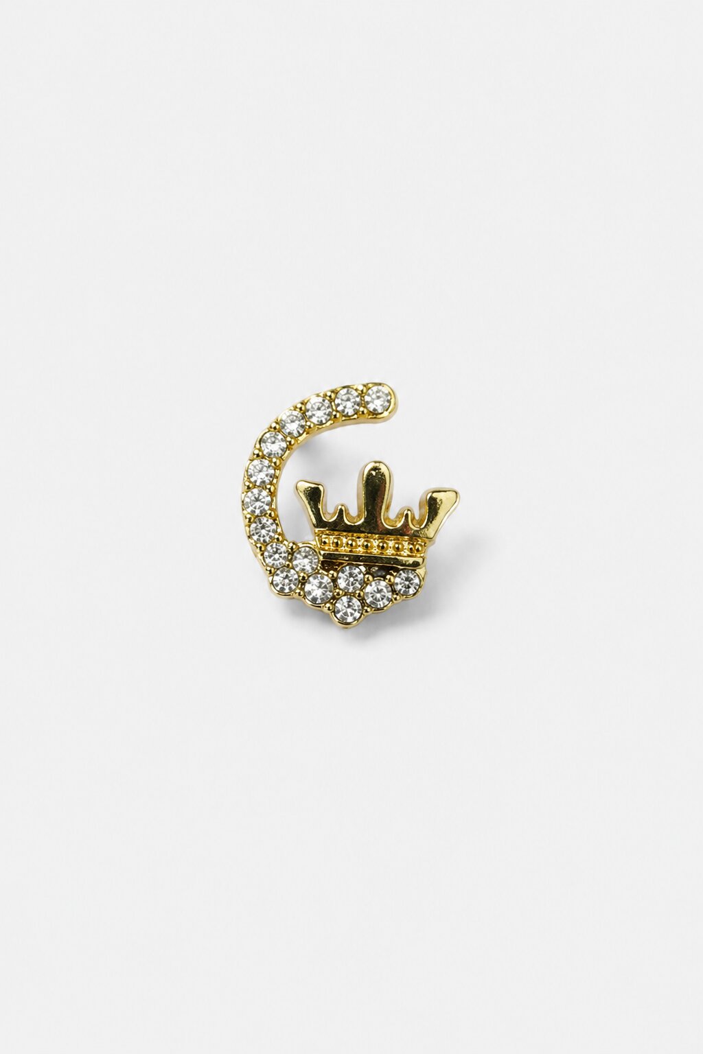 Gold crescent crown brooch with sparkling crystal embellishments and premium finish.
