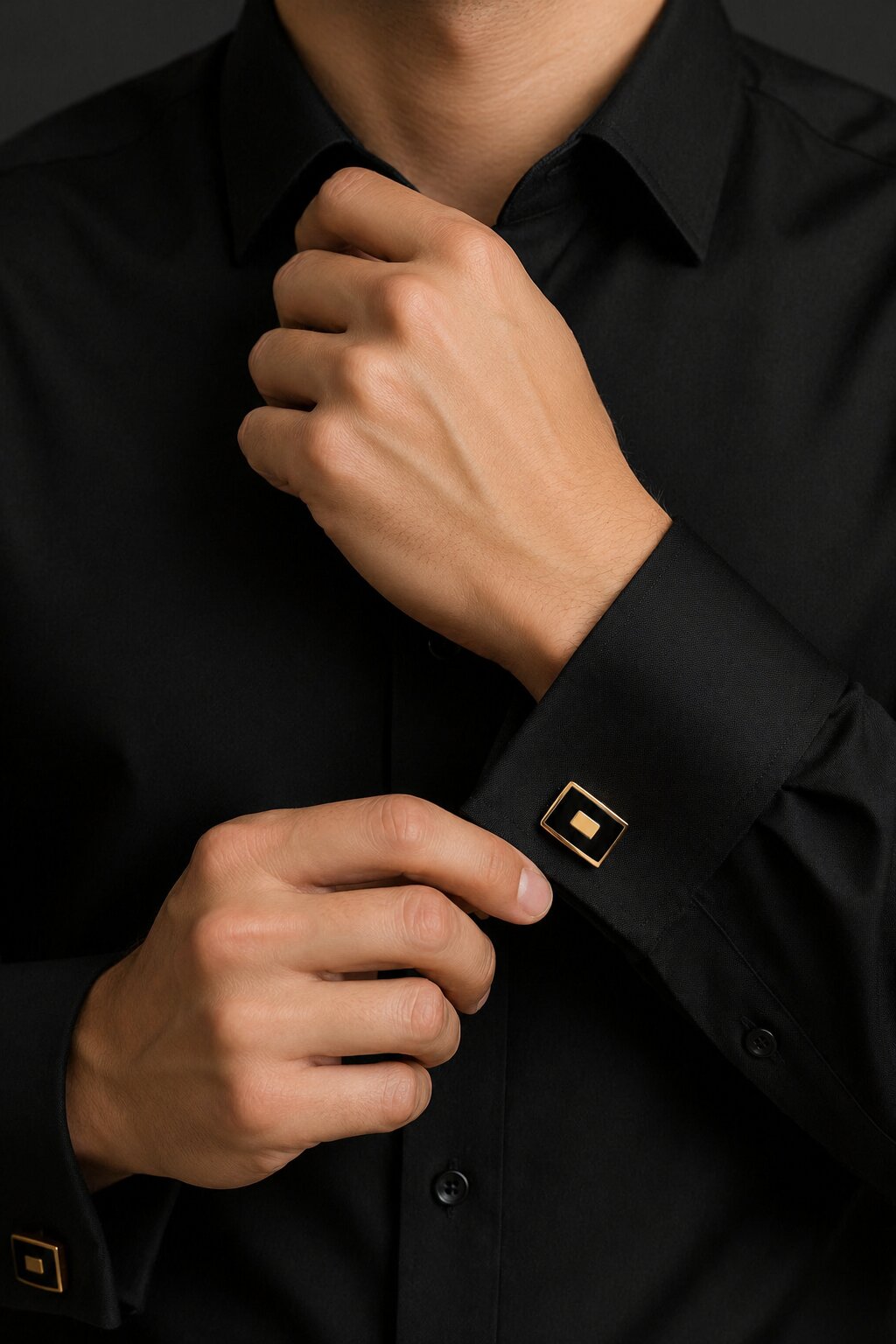Gold rectangular cufflinks with black enamel center panel for men's formal shirts.