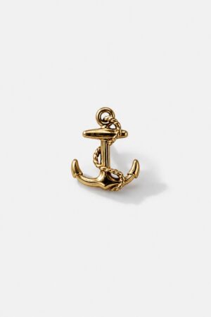 Gold nautical anchor brooch with rope detailing and polished premium finish.