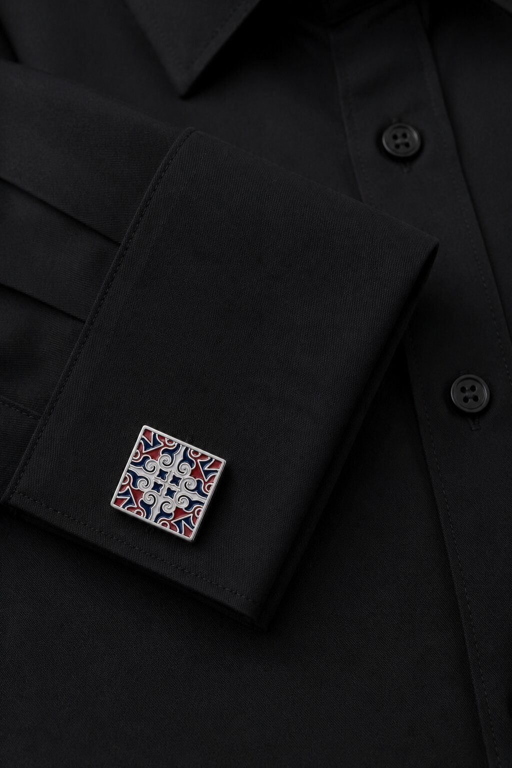 Square silver-tone cufflinks with red, blue, and white decorative enamel pattern for men's formal shirts.