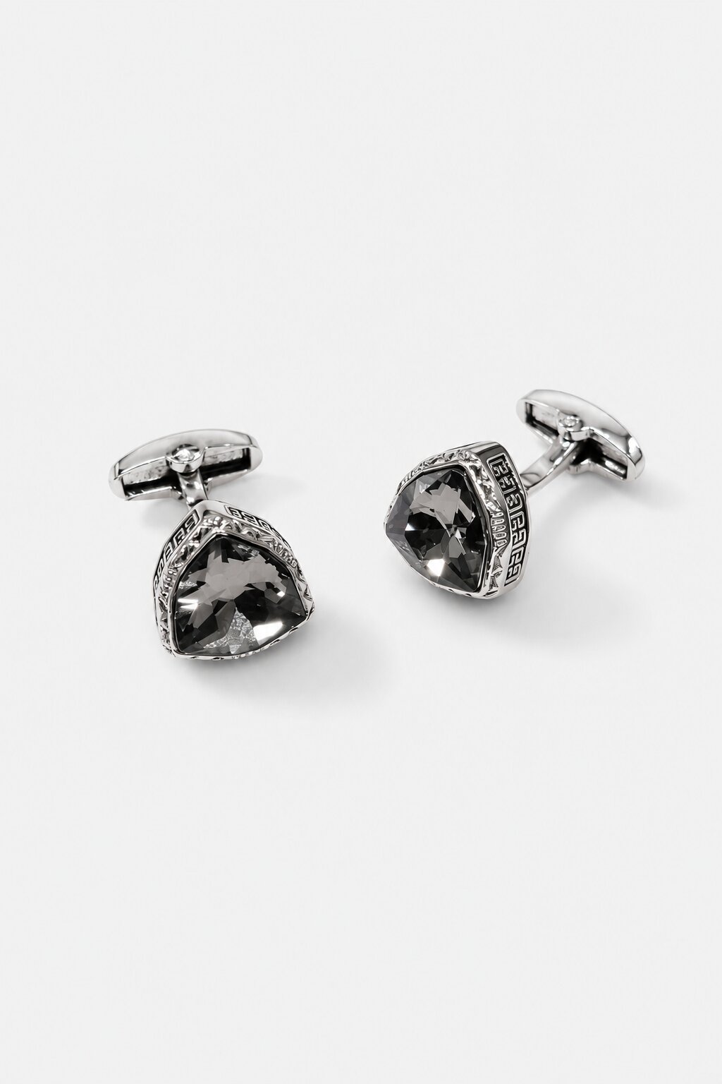 Silver geometric cufflinks with smoky gray faceted crystal stone and engraved vintage border for men's formal shirts.