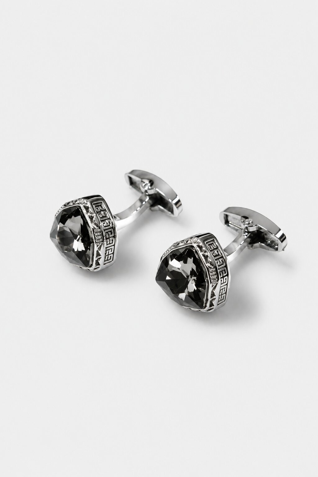 Silver geometric cufflinks with smoky gray faceted crystal stone and engraved vintage border for men's formal shirts.