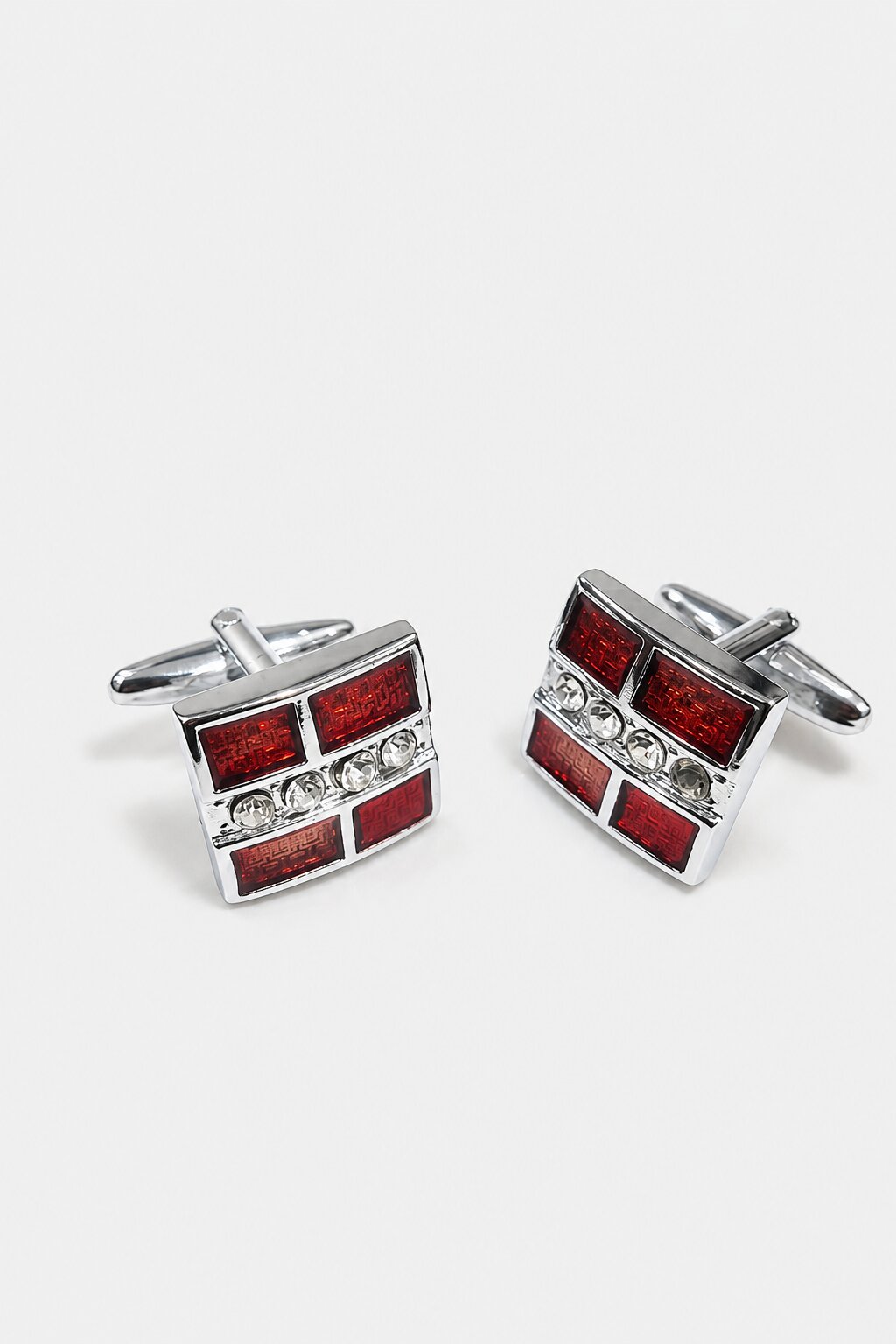 Silver square cufflinks with red enamel geometric design and crystal accents for men's formal shirts.